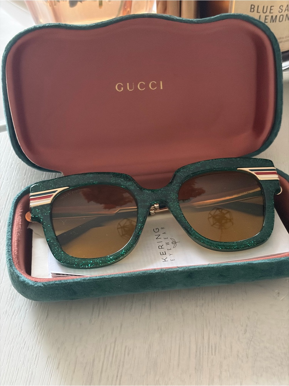 Green Glitter Square Sunglasses with Brown Lenses